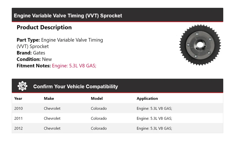 Para Chevrolet Colorado 2010-2012 5,3 L V8 motor de gas VVT puertas de piñón 2011 Foto 2 de 4