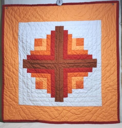 Quilt Hand Quilted Baby Crib Lap Blanket Throw 36x36 In Log Cabin Orange Red Brn - Picture 1 of 13