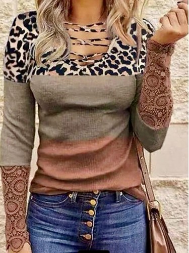 Women's Lace Splicing Hollow-out V Neck Leopard Print Color Block LG Sleeve Top - Bild 5 von 7