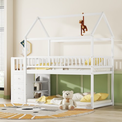Twin Over Twin House Bunk Bed Floor Low Beds For Kids W/ Shelves/Drawers White - Picture 3 of 9
