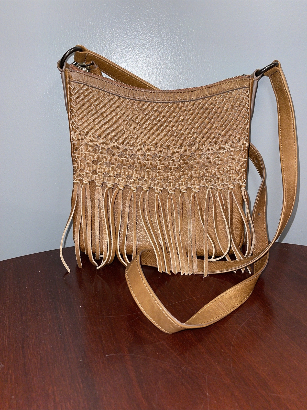 Frye Melissa Leather Woven Fringe Swing Crossbody Bag… Gem