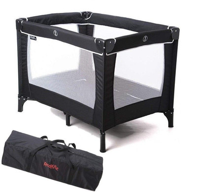 Baby Travel Cot Black With Mattress Folding Crib Bed And Carry Bag