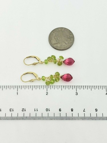 14k Yellow Gold Filled Pink Rubellite Briolette Peridot Cluster Dangle Earrings - Picture 4 of 4