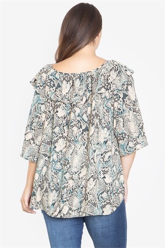 Top donna taglie forti marrone e blu stampa animalier 1XL scollo arricciato  - Foto 2 di 3