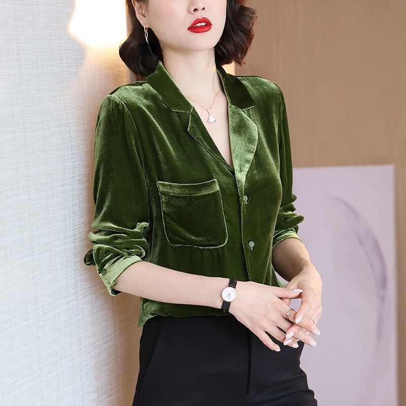 Women Velvet Blouse Shirt Long Sleeve Lapel V Neck Button Up Office Lady  Top