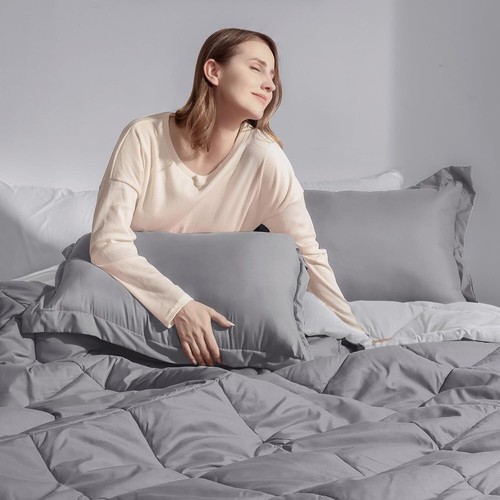 Modern Twin Bed Comforter Set - Reversible Grey/Charcoal for -Round Comfort - Picture 9 of 10