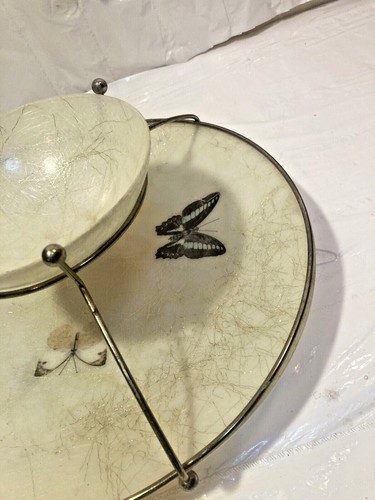 Vtg MCM 2 Tier Chip & Dip Set Plastic Tray Bowl Brass Metal Frame Butterfly Moth - Picture 5 of 8