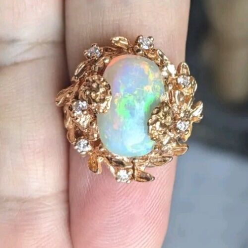 Stunning Vintage 12/14K Yellow Gold, Natural Opal and Diamond Ring Size 6 - Picture 7 of 7