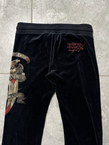 Pantaloni Ed Hardy vintage y2k velluto pull on track impreziositi tatuaggi grunge neri M - Foto 9 di 14