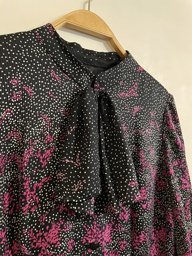 Vintage 70's Dark Academia Dress w/ Belt Black Pink Floral White Dots & Ascot - Picture 2 of 6