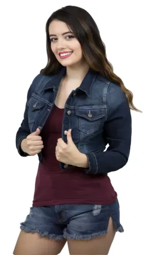 Women's Cropped Jean Denim Jacket Button Closed Stretch Oversize Casual Coat