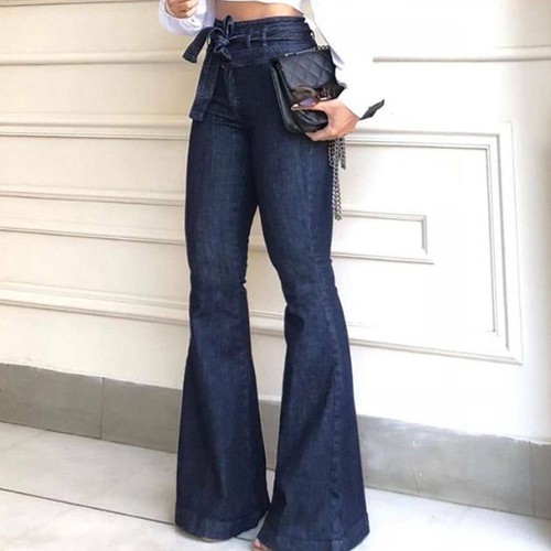 Womens Denim Jeans Bell Bottom Flare Pants Casual High Waist Wide Leg Trousers - Picture 3 of 16