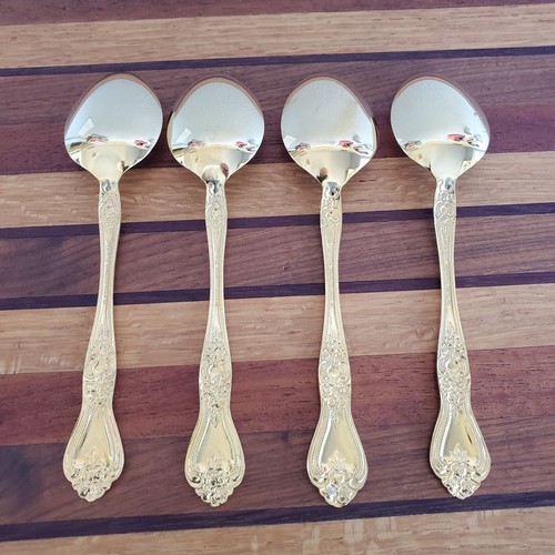 4 Rogers Co PRECIOUS ROSE  7" Soup Spoons Gold Plated Stainless Korea - Picture 7 of 7