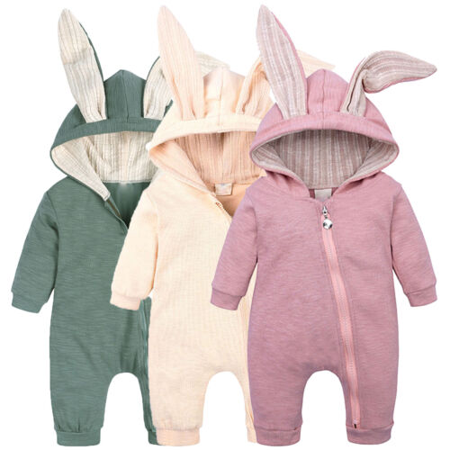 Winter Baby Boys Girls Solid Zipper Hooded Rabbit Ear Jumpsuit Romper Clothes - Picture 1 of 22