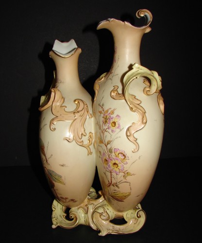 Rare Antique RW Rudolstadt Hand Painted Gilt Porcelain Double Vase Germany 13.5" - Picture 6 of 14