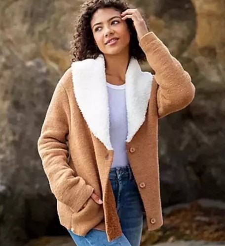 Barefoot Dreams Cozy Chic Cardigan Jacket Shearling Collar Brown Ivory Medium