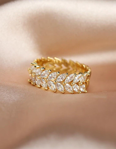 Moissanite Statement 14K Gold Band Unique Elegant Leaves Eternity Stacking Ring - Picture 5 of 15