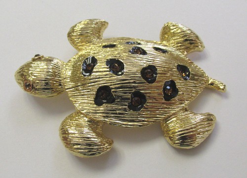 VINTAGE 1960s 70s TORTOISE TURTLE BROOCH GOLDEN FRAME AMBER CRYSTALS LARGE - Picture 7 of 12