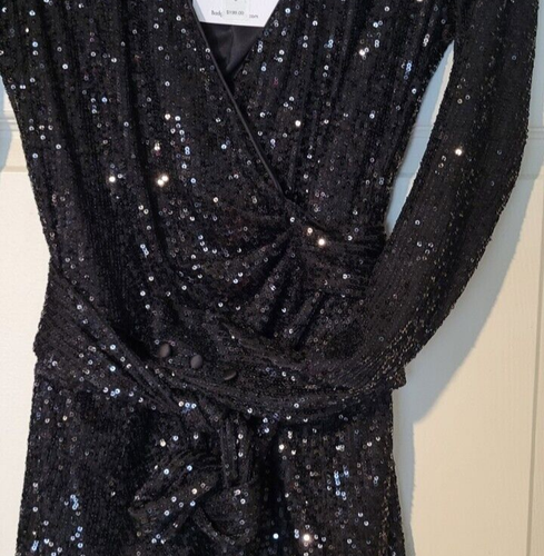 BADGLEY MISCHKA Size 0 Black Sequin V Neck Wrap Jacket Long Sleeves NWT $199 - Picture 6 of 10