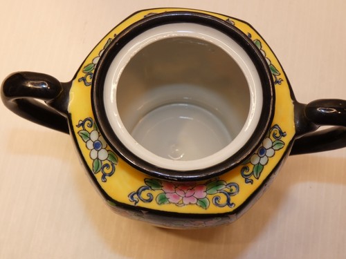 Vintage Japan Porzellan Zuckerschale, schwarz mit mehrfarbigen Blumen - Bild 6 von 9