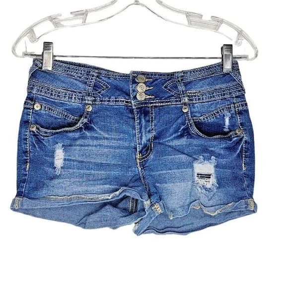 Pantalones cortos de mezclilla para mujer Amathyst talla 7 lavado medio azul encaje acento desgastado Foto 2 de 4