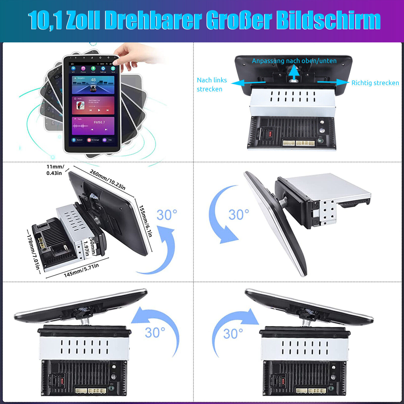 10 1 DIN Autoradio Android 13 GPS Navi RDS WIFI 360 Drehbar Bildschirm Kamera