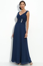NEW JS COLLECTIONS Rhinestone Detail Chiffon Gown Dress Size 8 Navy 198