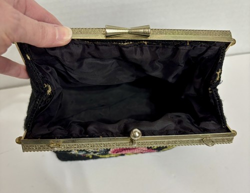 Vintage Needlepoint 1950's Black Floral Handbag Purse Embroidery Cross Stitch - Picture 5 of 5
