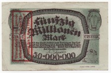 GERMANY CREFELD 50 MILLIONEN MARK 1923 RED OVPT EMERGENCY MONEY NOTGELD LOOK