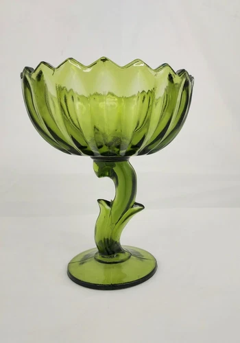 Indiana Lotus Blossom Compote Green 7.5" Tulip Glass Vintage