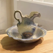 RARE Antique 1800's Crown M-C Pitcher And Hand Washing Basin Large Blue GOOD