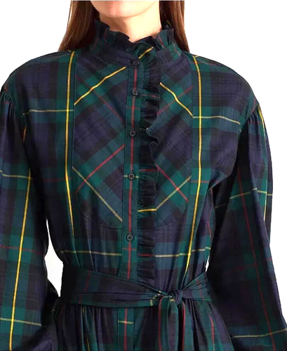 Lauren Ralph Lauren Tartan Plaid Midi Prairie Dress L / XL Navy Green Tie Belt - Bild 3 von 8