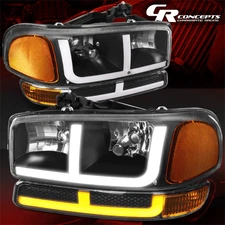 PAIR BLACK AMBER F-LED DRL BAR HEADLIGHT LAMPS FOR 1999-2007 GMC SIERRA YUKON