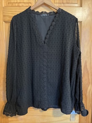 Suprelöök Dotted Swiss  Lace Trim Blouse XL Long Sleeves Black Lined