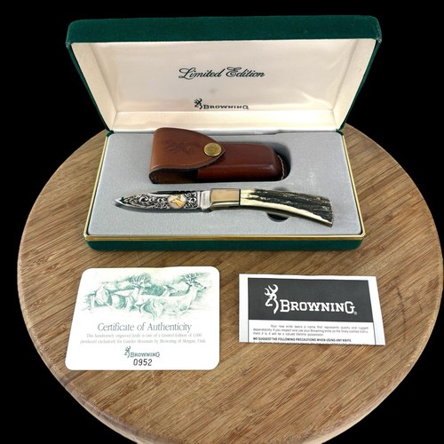 Browning Engraved Stag Knife Limited Edition 0952 of 1000 w/boxes COA Care Guide