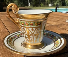 ANTIQUE PORCELAIN KPM GERMANY GOLD ACCENTS & TRIM CUP /  SAUCER FRUIT MONOGRAM C