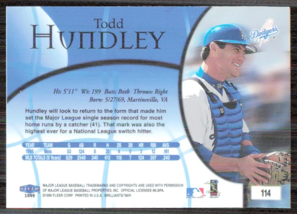 1999 Fleer Brilliants #114 Todd Hundley Los Angeles Dodgers Baseball Card - Image 2 of 2