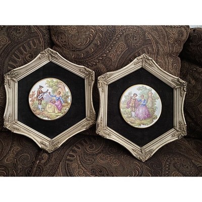 Set Of 2 Vintage Fragonard Porcelain Framed Wall Art - Man Courting Woman Italy
