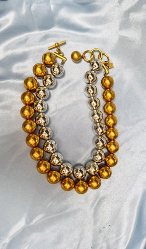 80er Anne Klein Laufsteg Stil Grob Doppelstrang Gold und Silber Ton Metall Perlen - Bild 4 von 5