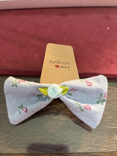 hair bow accessory vintage retro blue floral handmade new - Picture 4 of 7
