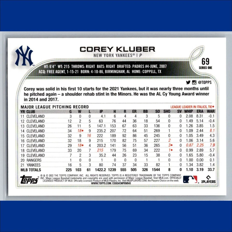 Corey Kluber Orange Star /99 Complete Set Parallel 2022 Topps #69 NY Yankees - Image 2 of 3