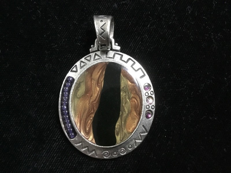 Sterling Silver Brown Sand Glass (?) Pendant w/gemstones/beads Signed KC Unique