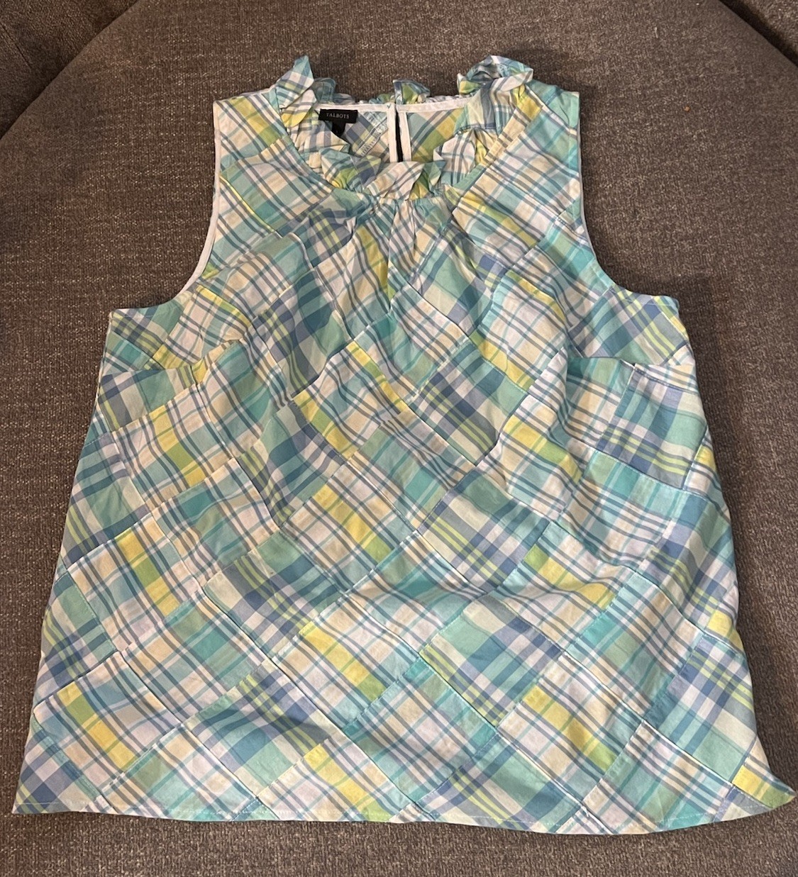 Talbots sleeveless patchwork madras ruffle neck c… - image 1