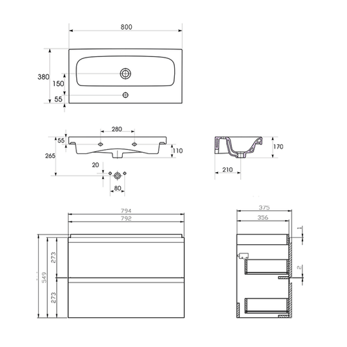 Badmöbel Set Waschbecken mit Unterschrank Waschtisch, 2-Schubladen MODUO 80 Weiß - Bild 7 von 7