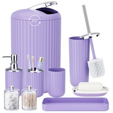 9PCS Purple Bathroom Set Complete with Trash Can, Vanity Tray, Soap Dispenser...