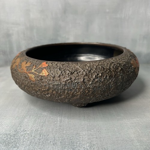 Vintage Tokanabe Brown Footed Pottery Low Planter Bowl w/ Red Flowers Japan ~8¼" - Picture 12 of 24