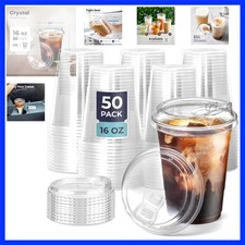 50 Pack 16 oz Clear Plastic Cups with Strawless Sip Lids, Disposable Plastic ...