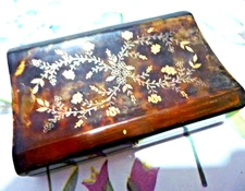 Antique Faux Tortoiseshell Calling Card Case + inlaid Silver + Gold decoration