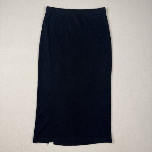 Vylette Pencil Skirt Medium Black Long Micro Ribbed Texture Below Knee Slit - Picture 2 of 6