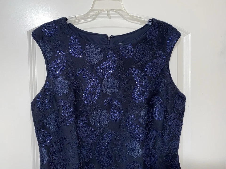 Vestido para mujer Donna Ricco funda de encaje con lentejuelas azul marino boda fiesta talla 12 nuevo Foto 3 de 4